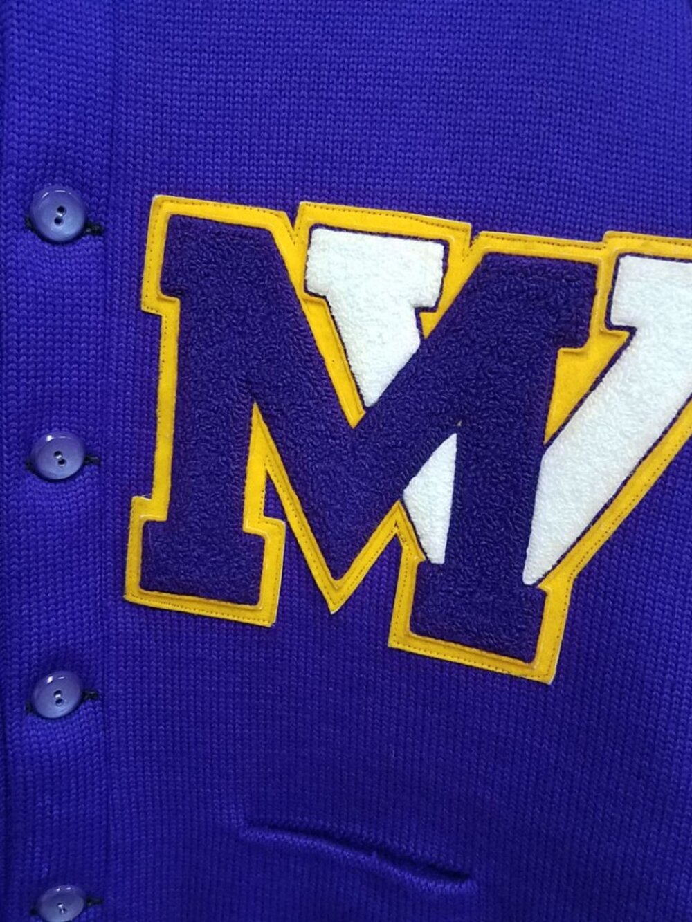 Vintage Skookum Virgin Wool Cardigan Jacket 42 Purple Gold White M V - Picture 2 of 5
